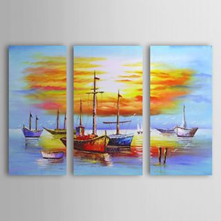 Hand Painted Oil Painting Landscape Fishing Ships with Stretched Frame Set of 3