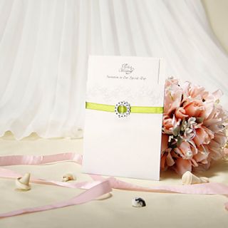 Wrap Pocket Wedding Invitation With Green Ribbon   Set of 12