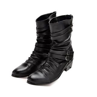 Leather Mens Flat Heel Comfort Mid Calf Motorcycle Boots With Zipper