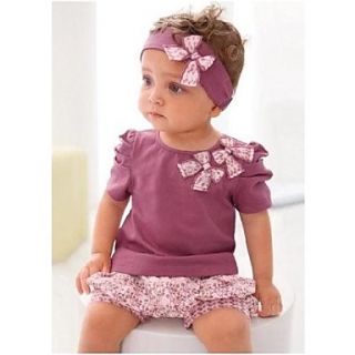 Girls Round Collar Purple T shirts and Flora Pants and Hair Band 3pcs Cotton Suit