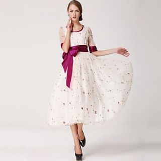 Womens Contrast Color Embroider Rose Gauze with Wide Silk Waistbelt Loose Evening Party Long Dress
