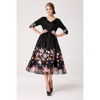 Womens Embroider Flower Quality Organza Lace Beam Waist Big Hem Elegant Evening Party Dress