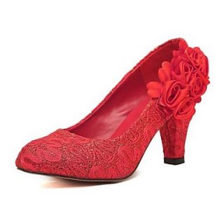 Lace Womens Wedding Chunky Heel Pumps with Satin Flower Fashion Shoes