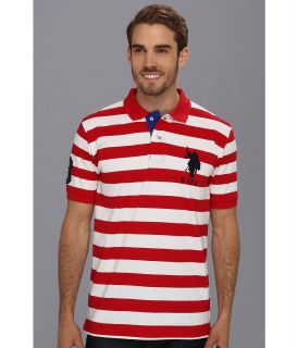 U.S. Polo Assn Striped Polo with Big Pony Mens Short Sleeve Pullover (Red)