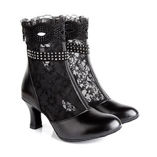 Womens Beautiful Leather Lace Upper Rhinestone Décor Latin Dance Boots Shoes
