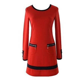 Womens Round Collar Long Sleeve Contrast Color Dress
