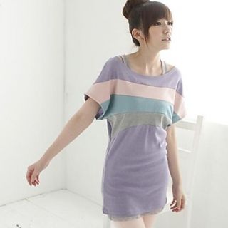 Womens Round Neck Contrast Color Stripe Loose T Shirt