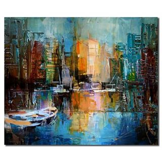 Hand Painted Oil Painting Landscape Knife Painting Venice Harbour Scenery with Stretched Frame