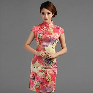 Yeshu Classical National Floral Printing Bodycon Cheongsam (Red)