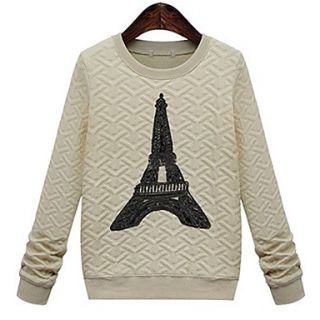 Lishang Womens European Style Casual Eiffel Tower Print Long Sleeve Shirt(Almond)
