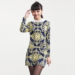 Womens Shirt Collar Floral Print Long Sleeve Fitted Lady Midi Dress