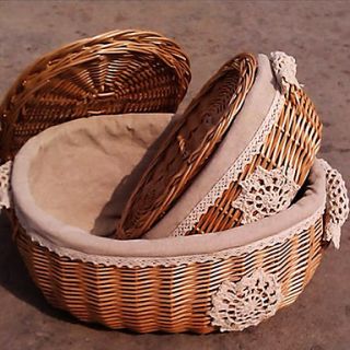 Granys Knitted Flower Oval Handmade Wicker Storage Basket with Cover   One Piece