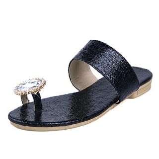 Faux Leather Womens Flat Heel Toe Ring Slippers With Rhinestone Shoes(More Colors)
