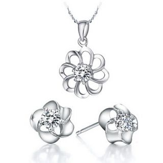 Sweet Silver Plated Cubic Zirconia Pierced Flower Womens Jewelry Set(Necklace,Earrings)(White,Purple)