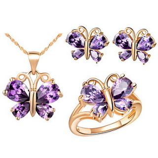 Sweet Silver Plated Purple Cubic Zirconia Butterfly Womens Jewelry Set(Necklace,Earrings,Ring)(Gold,Silver)
