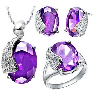 Fashion Silver Plated Cubic Zirconia Oval Womens Jewelry Set(Necklace,Earrings,Ring)(Blue,Purple)