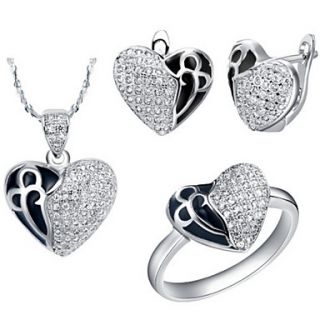 Original Silver Plated Cubic Zirconia Heart With Bowknot Womens Jewelry Set(Necklace,Earrings,Ring)