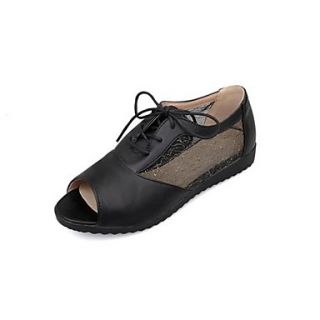 Faux Leather/Tulle Womens Flat Heel Comfort Open Toe Flats Shoes (More Colors)