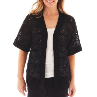 Alfred Dunner St. Kitts Short Sleeve Pointelle Cardigan Sweater, Black, Womens