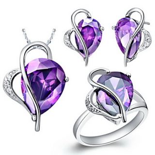 Fashion Silver Plated Cubic Zirconia Irregular Drop Womens Jewelry Set(Necklace,Earrings,Ring)(Red,Purple)