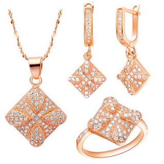 Original Silver Plated Cubic Zirconia Drop On Square Womens Jewelry Set(Necklace,Earrings,Ring)(Gold,Silver)