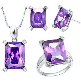 Classic Silver Plated Cubic Zirconia Rectangle Womens Jewelry Set(Necklace,Earrings,Ring)(Blue,Purple)