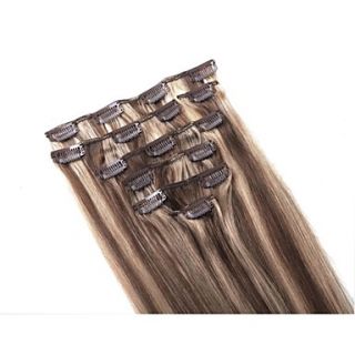 22Inch #4/27 Mixed Black and Blonde 7 Pcs Human Hair Silky Straight Clips in Hair Extensions