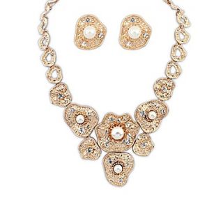 Womens European and America Elegant Alloy Flowers Rhinestone Pearl Statement Necklace Earrings (1 set)