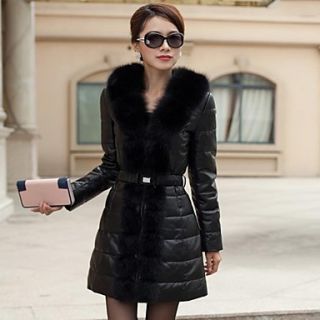 Womens Black Leather with Long Fox Fur Collar