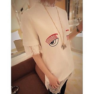 Womens Eyes Embroidery Lace Stitching Long Section T Shirt
