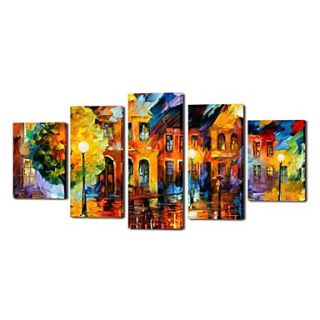 Hand Painted Oil Painting Landscape Knife Painting Street Scenery with Stretched Frame Set of 5