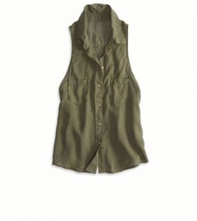 Dusty Olive AE Sleeveless Button Down, Womens XS