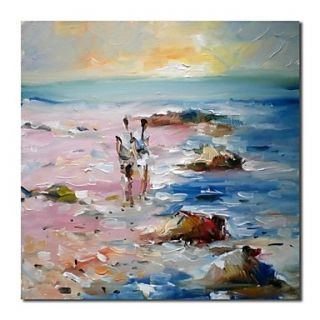 Hand Painted Oil Painting Landscape Lovers Working on The Beach with Stretched Frame