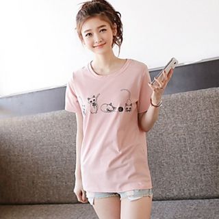 Liuliu Womens Sweet Round Neck Cat Pattern Loose Fit Cotton T Shirt