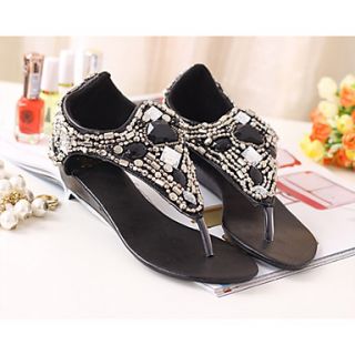 Sunday Womens String Of Beads Wedges Pu Leather Black Sandals