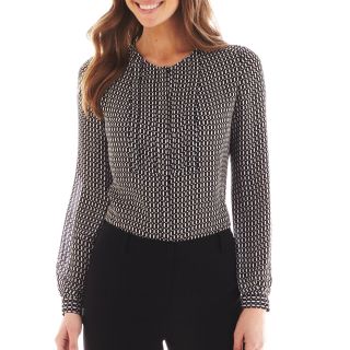 Worthington Long Sleeve Pleated Blouse, Blk/wht Points