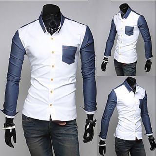 Shishangqiyi Denim Stitching MenS Casual Long Sleeved Shirt(Dark Blue)