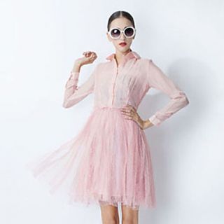 YIGOUXIANG Womens Fashion Silk Perspective Large Swing Mesh Lace Dress(Pink)