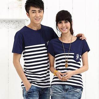 Aiyifang Casual Stripe Lovers T Shirt(Dark Blue)