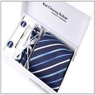 Mens Fashionable Blue White Striped Polyester Ties Set(breatpin random)
