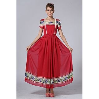 Swd Round Neck Short Sleeve Floral Large Hem Chiffon Dress (Red)