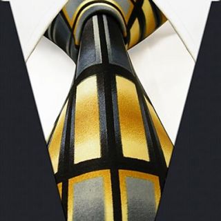 Mens Business Gray Yellow Silk Check Pattern Necktie