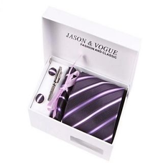 Mens Fashionable Purple White Striped Polyester Ties Set(breatpin random)