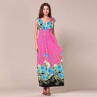 Maya Womens Floral V Neck Bohemian Print Vintage Maxi Beach Long Dress