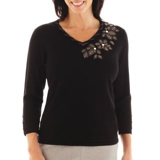 Alfred Dunner Monte Carlo Check Appliqué Floral Sweater   Petite, Black, Womens