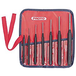 Proto 7 piece Drive Pin Punch Set (3/64 in, 5/64 in, 7/64 in, 5/32 in, 11/64 in, 13/64 in, 15/64 inTip Type RoundMaterial Alloy SteelQuantity 1 setWeight 1.15 pounds Alloy SteelQuantity 1 setWeight 1.15 pounds)
