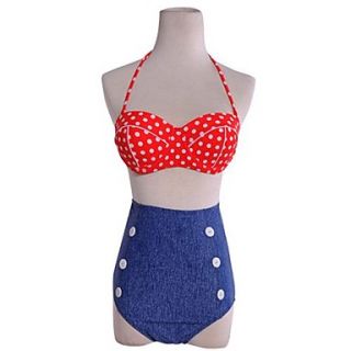 Womens Vintage Halterneck High Waist Polka Dot Print Swimsuit Bikini