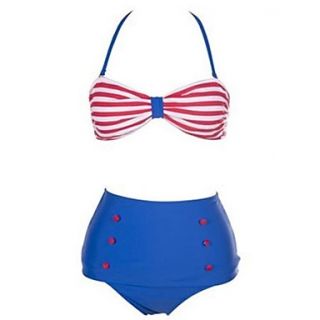 Womens Vintage Halterneck Color Matching Stripe Six Buttons Swimsuit Bikini