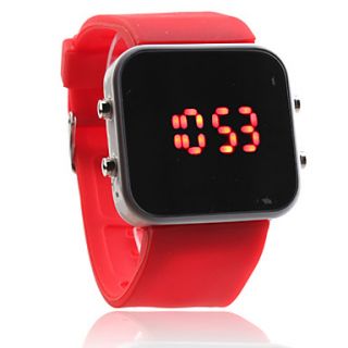 Silicone Band Women Men Unisex Jelly Sport Style Square Mirror LED Wrist Watch   Red