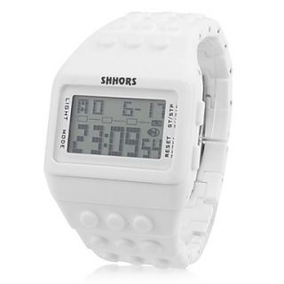 Unisex LCD Digital Block Bricks Style Rubber Band Wrist Watch (White)